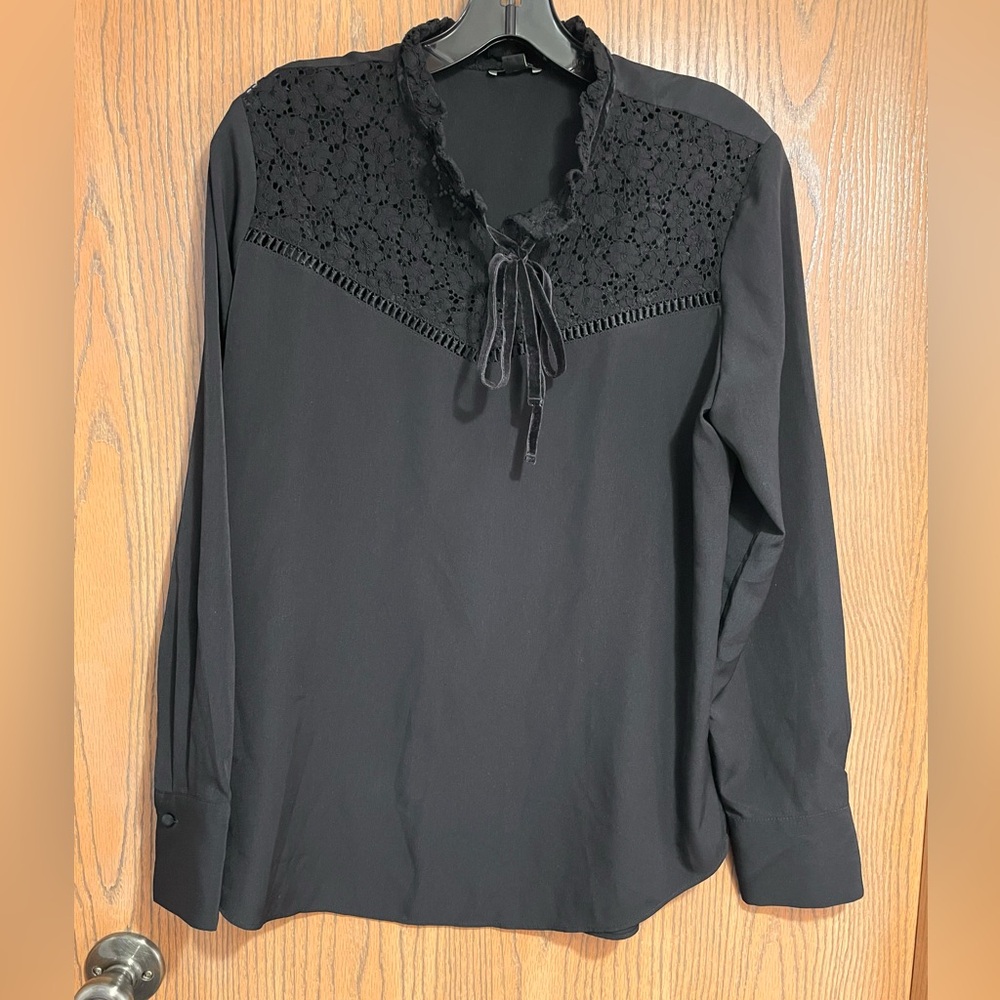 Ann Taylor Black Lace Yoke Blouse with Tie Neck
